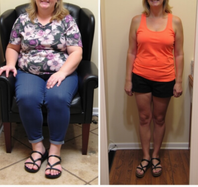 A woman is shown in a side-by-side comparison: on the left sitting in floral top and jeans, on the right standing in an orange tank top and shorts.