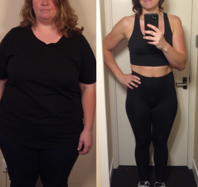 Before and after comparison of a person standing indoors, showing weight loss. Left image: person wearing a black shirt. Right image: person wearing athletic wear, holding a phone.
