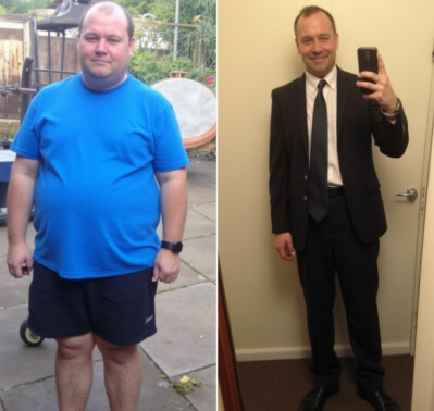 Side-by-side comparison of a man's weight loss journey. Left: wearing a blue t-shirt and shorts. Right: dressed in a suit, smiling, and taking a mirror selfie.