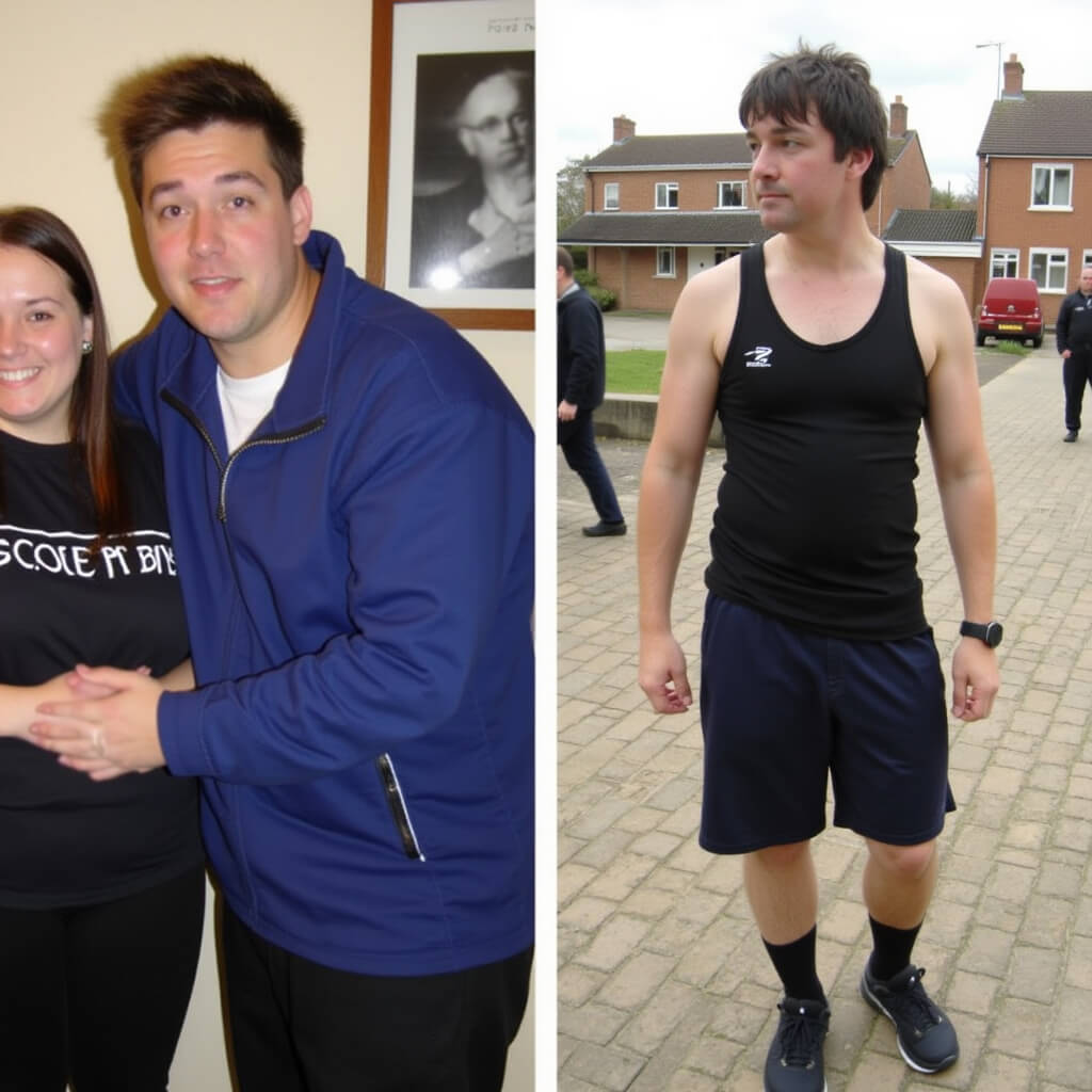 A before and after comparison of a man. On the left, wearing a blue jacket indoors. On the right, wearing a black tank top and shorts outdoors.