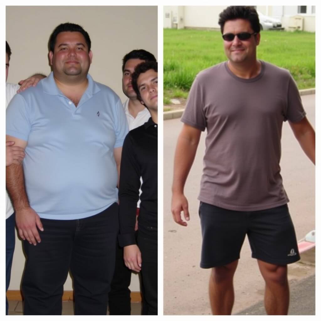 A man in a blue polo shirt on the left and the same man in a gray t-shirt and shorts on the right, showing a noticeable weight loss.