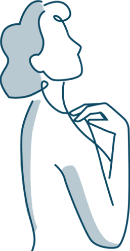 Outline of a woman with short hair, in a contemplative pose with one hand on her shoulder.