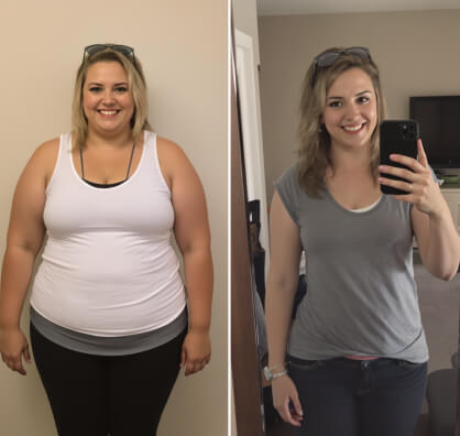 Side-by-side comparison of a woman in a white tank top on the left and a gray t-shirt on the right, showing a transformation in appearance.