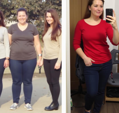 Two side-by-side photos of a woman. The left shows her with two others outdoors, wearing dark pants and a gray top. The right shows her indoors, taking a mirror selfie in a red shirt and jeans.