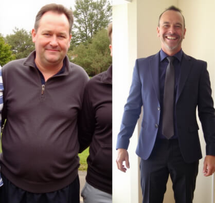 Before and after photos of a man, left wearing a pullover, and right in a suit, showing noticeable weight loss and change in appearance.