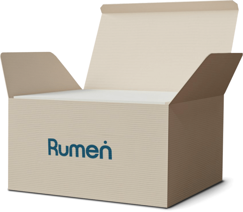 Open cardboard box with the word "Rumen" printed on the side.