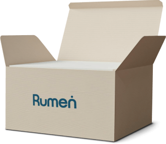 Open cardboard box labeled "Rumen" with flaps extended outward.
