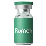 A small glass vial with a green cap and a green label displaying the word "Rumen" in white letters.